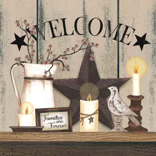 Linda Spivey LS1904 - LS1904 - Barn Star Welcome - 12x12 Still Life, Pitcher, Candles, Barn Star, Bird Statue, Inspirational, Welcome, Typography, Signs, Textual Art, Berries, Stars,  Farmhouse/Country from Penny Lane