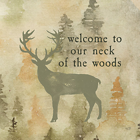 Lux + Me Designs LUX791 - LUX791 - Welcome to Our Neck of the Woods - 12x12 Inspirational, Lodge, Deer, Abstract, Trees, Welcome to Our Neck of the Woods, Welcome, Typography, Signs, Textual Art, Watercolor, Abstract from Penny Lane