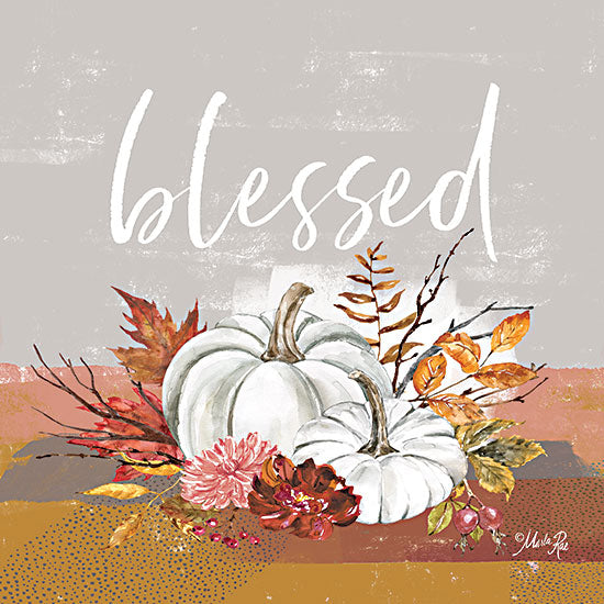 Marla Rae MAZ5794 - MAZ5794 - Blessed Pumpkin and Fall Flowers - 12x12 Blessed, Pumpkins, White Pumpkins, Flowers, Autumn, Thanksgiving, Still Life, Leaves, Signs from Penny Lane