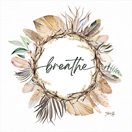Marla Rae MAZ5901 - MAZ5901 - Boho Breathe Wreath - 12x12 Inspirational, Breathe, Typography, Signs, Textual Art, Wreath, Feathers, Bohemian, Nature from Penny Lane