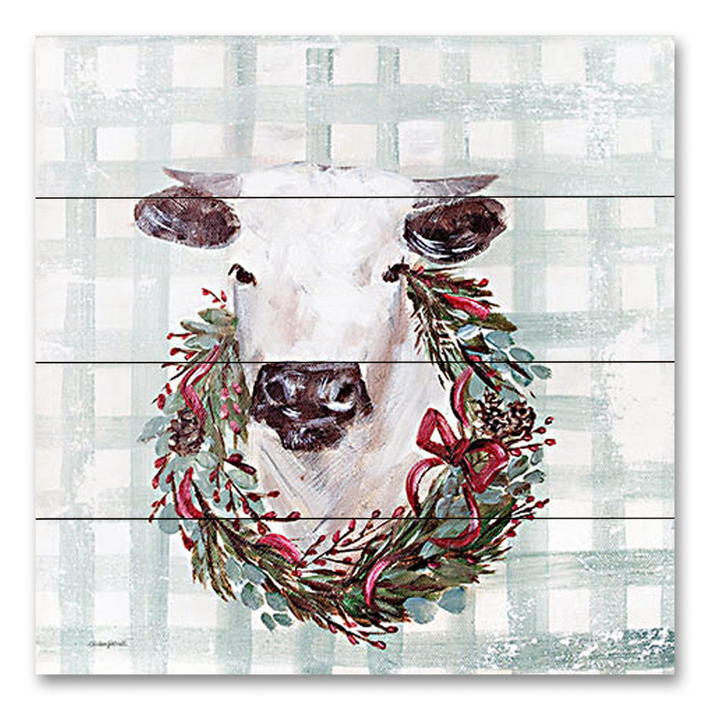 Mackenzie Kissell MKA126PAL - MKA126PAL - Merry the Cow - 12x12 Cow, Wreath, Greenery, Ribbons, Whimsical, Portrait from Penny Lane