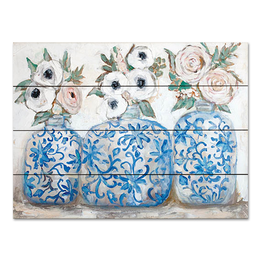 Mackenzie Kissell MKA134PAL - MKA134PAL - Floral Trio - 16x12 Still Life, Flowers, Blue & White Crocks, Crocks, Cottage/Country, Abstract from Penny Lane