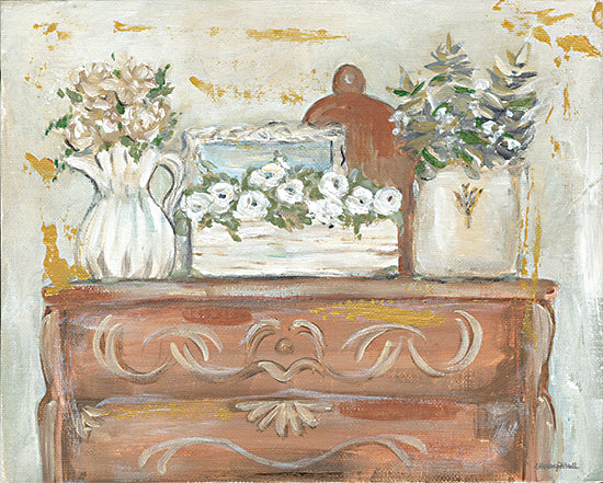 Mackenzie Kissell MKA141 - MKA141 - Country Florals - 12x16 Still Life, Dresser, Pitcher, Crock, Crate, Flowers, White Flowers, Abstract, Gold, Eclectic from Penny Lane