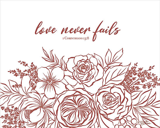 Michele Norman MN389 - MN389 - Love Never Fails - 16x12 Religious, 1 Corinthians, Bible Verse, Love Never Fails, Flowers, Folk Art, Maroon & White from Penny Lane