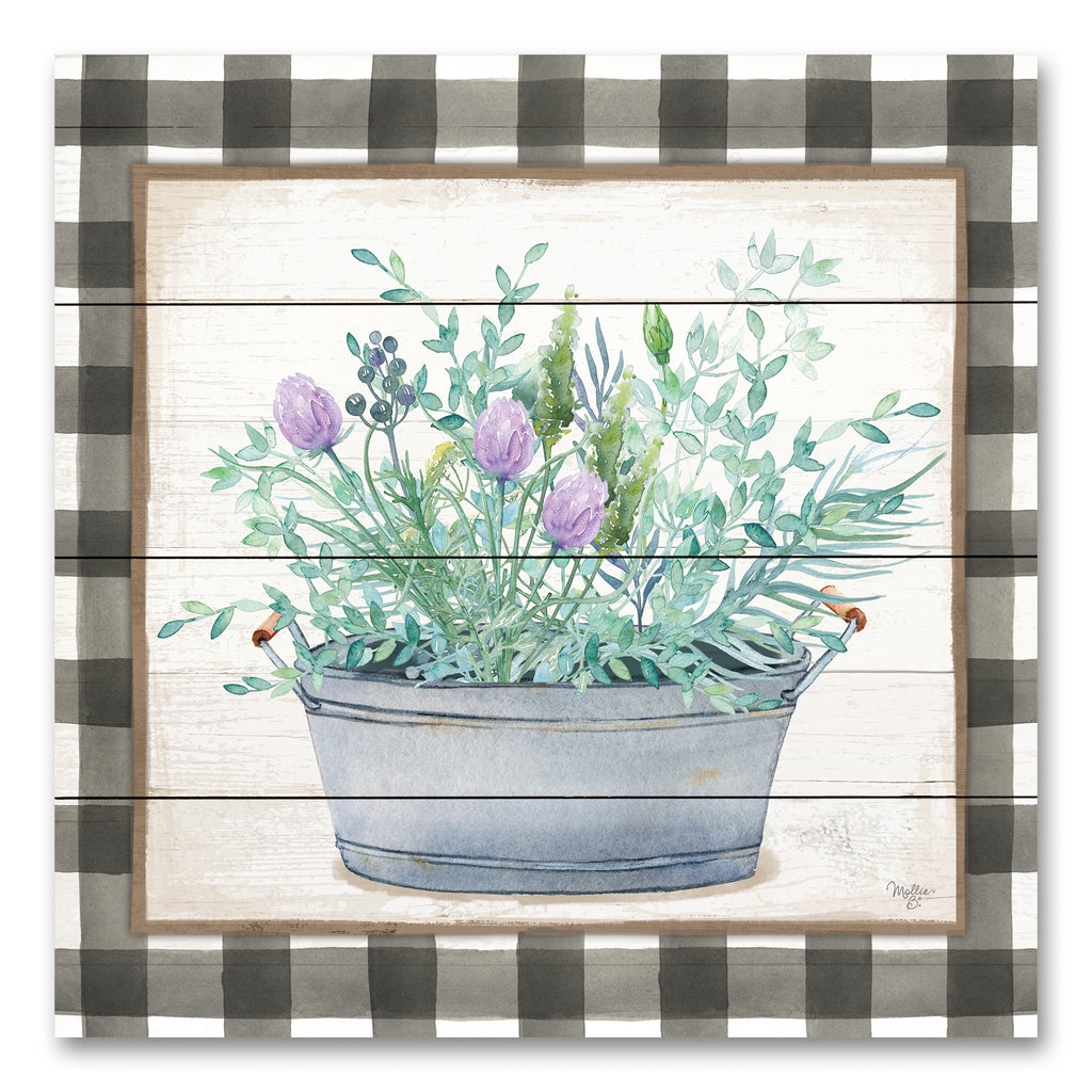 Mollie B. MOL2144PAL - MOL2144PAL - Potted Herbs I   - 12x12 Herbs, Potted Herbs, Farmhouse/Country, Galvanized Pail, Framed, Square, Plaid, Patterns from Penny Lane