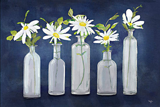 Mollie B. MOL2564 - MOL2564 - Daisies in a Row - 18x12 Flowers, Daisies, White Daisies, Still Life, Vases, Glass Bottles, Navy Background, Spring, Spring Flowers from Penny Lane