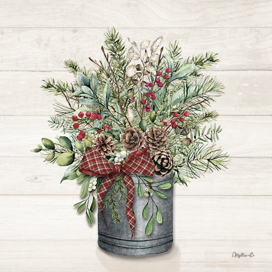 Mollie B. MOL2717 - MOL2717 - Christmas Greenery Bucket - 12x12 Christmas, Holidays, Greenery, Pine Sprigs, Pine Cones, Holly, Berries, Ribbon, Galvanized Bucket, Bouquet, Winter, Nature from Penny Lane