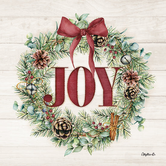 Mollie B. MOL2718 - MOL2718 - JOY Wreath - 12x12 Christmas, Holidays, Wreath, Greenery, Pine Cones, Pine Sprigs, Bells, Joy, Typography, Signs, Textual Art, Reb Ribbon, Winter from Penny Lane