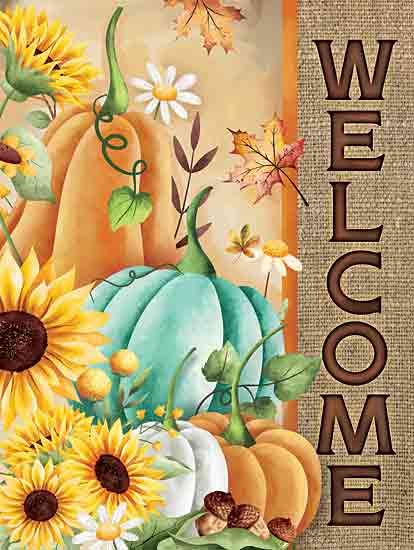 Mollie B. MOL2751 - MOL2751 - Fall Still Life Welcome - 12x16 Fall, Still Life, Pumpkins, Blue, White, Orange Pumpkins, Sunflowers, Leaves, Burlap, Welcome, Typography, Signs, Textual Art from Penny Lane