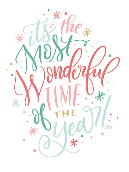 MakeWells MW146 - MW146 - It's the Most Wonderful Time - 12x16 Christmas, Holidays, It's the Most Wonderful Time of the Year, Pink, Green, White, Typography, Signs, Textual Art, Stars, Polka Dots, Music from Penny Lane
