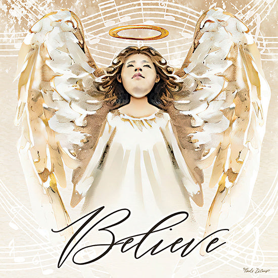 Nicole DeCamp ND104 - ND104 - Believe Angel - 12x12 Religious, Angel, Believe, Typography, Signs, Textual Art, Sheet Music, Tea-Stained, Gold from Penny Lane