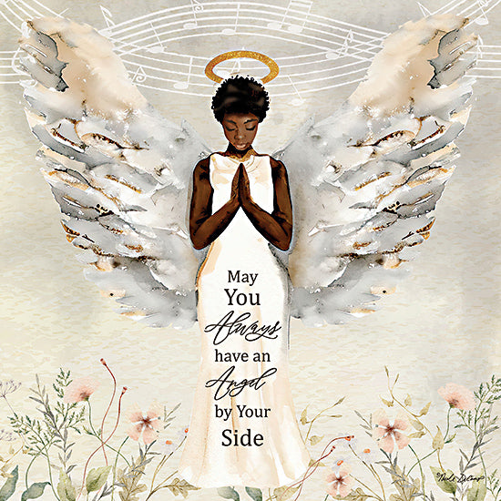 Nicole DeCamp ND106 - ND106 - Angel by Your Side II - 12x12 Religious, Inspirational, Angel, Black Angel, May You Always Have An Angel by Your Side, Typography, Signs, Textual Art, Sheet Music, Flowers, Pink Flowers, Greenery, Gold from Penny Lane