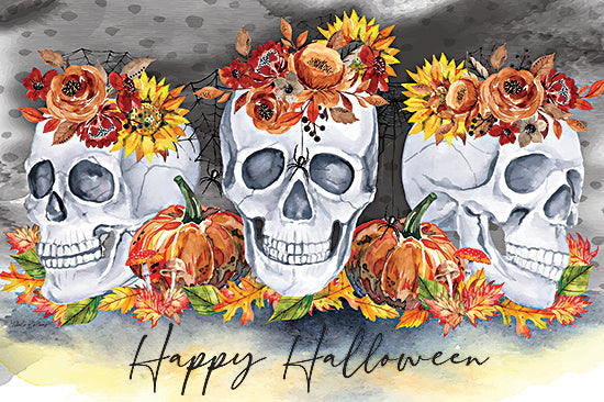 Nicole DeCamp ND142 - ND142 - Happy Halloween Skulls - 18x9 Fall, Halloween, Still Life, Skull, Pumpkins, Fall Flowers, Sunflowers, Leaves, Happy Halloween, Typography, Signs, Textual Art, Spiders, Spider's Web, Watercolor from Penny Lane