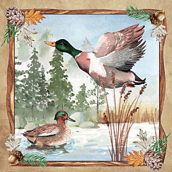 Nicole DeCamp ND184 - ND184 - Duck in Flight - 12x12 Ducks, Mallard Ducks, Lake, Lodge, Trees, Cattails, Pinecones, Acorns, Border, Nature from Penny Lane