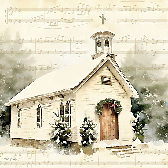 Nicole DeCamp ND189 - ND189 - Country Church at Christmas II - 12x12 Christmas, Holidays, Religious, Church, Country Church, White Church, Sheet Music, Christmas Decorations, Watercolor, Winter from Penny Lane