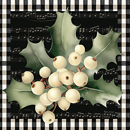 Nicole DeCamp ND193 - ND193 - Country Charm Holly - 12x12 Christmas, Holidays, Holly, Berries, Sheet Music, Black Background, Black & White Plaid Border, Farmhouse/Country from Penny Lane