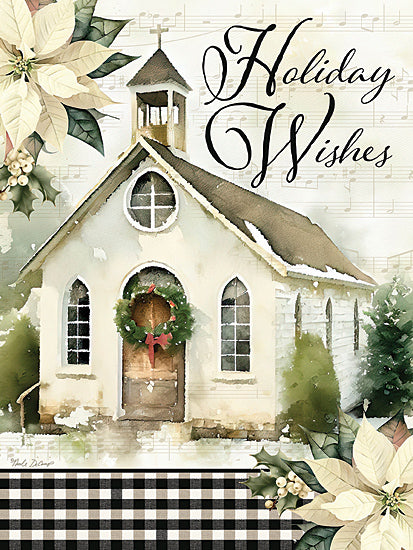 Nicole DeCamp ND194 - ND194 - Holiday Wishes Church - 12x16 Christmas, Holidays, Religious, Flowers, Poinsettias, Christmas Flowers, White Poinsettias, Holiday Wishes, Typography, Signs, Textual Art, Sheet Music, Black & White Plaid, Farmhouse/Country from Penny Lane