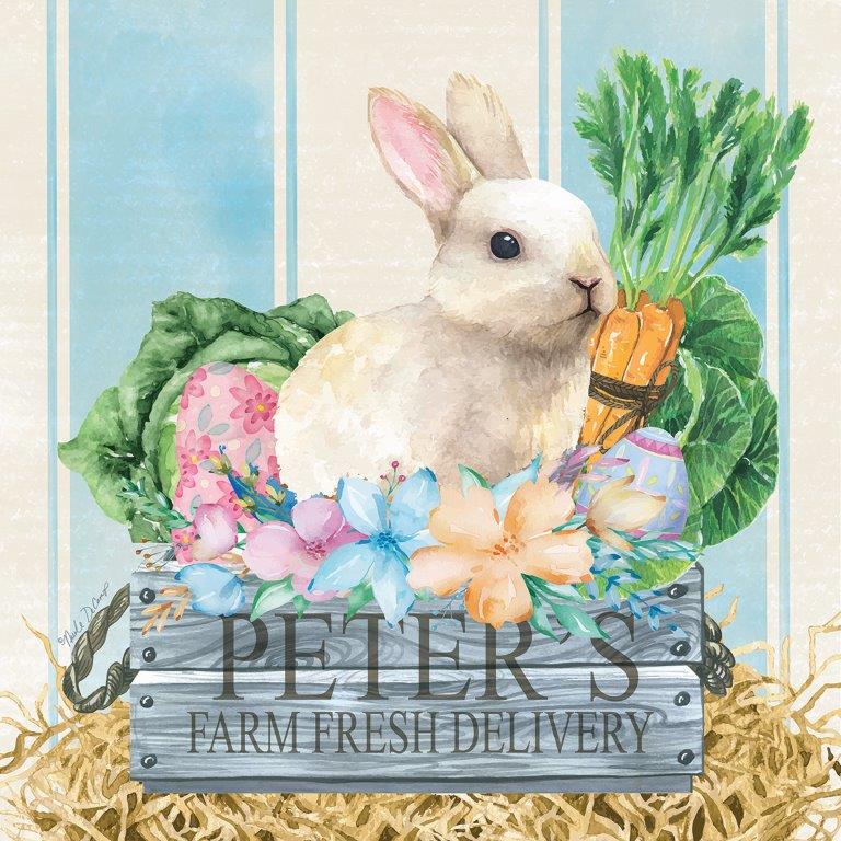 Nicole DeCamp ND220 - ND220 - Peter's Rabbit Delivery - 12x12 Easter, Rabbit, Bunny, Still Life, Lettuce, Carrots, Easter Eggs, Flowers, Easter Flowers, Crate, Peter's Farm Fresh Delivery, Typography, Signs, Textual Art, Straw, Spring from Penny Lane