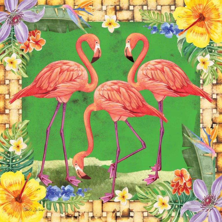 Nicole DeCamp ND233 - ND233 - Tropical Flamingo Trio - 12x12 Tropical, Flamingos, Three Flamingos, Flowers, Orchids, Yellow and Purple Orchids, Palms, Woven Border from Penny Lane