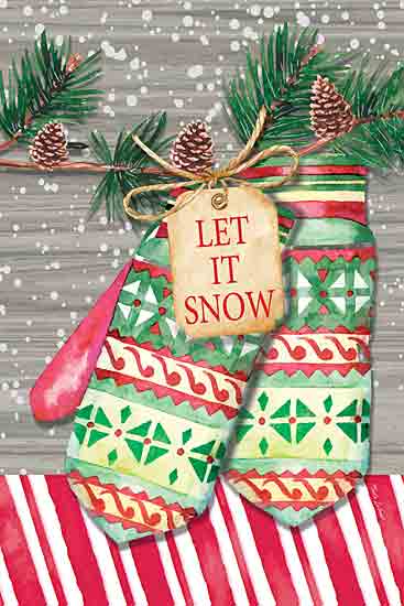 Nicole DeCamp ND383 - ND383 - Let It Snow Mittens - 12x18 Christmas, Holidays, Winter, Mittens, Pine Tree Branch, Pinecones, Let It Snow, Typography, Signs, Textual Art, Snow from Penny Lane