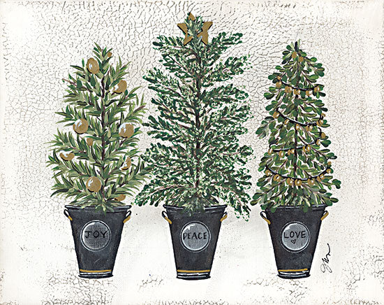 Julie Norkus NOR188 - NOR188 - Joy, Peace and Love Tree Trio - 16x12 Still Life, Trees, Potted Trees, Joy, Peace, Love, Signs, Winter, Cottage/Country from Penny Lane