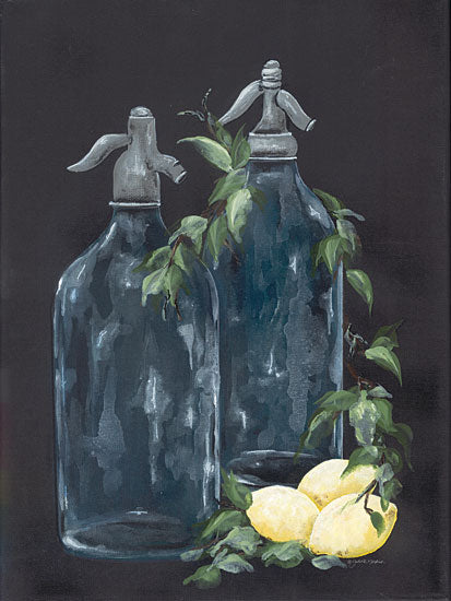 Julie Norkus NOR221 - NOR221 - Seltzer Bottle with Lemons - 12x16 Seltzer Bottle, Lemons, Kitchen, Greenery, Black Background, Vintage, French Country from Penny Lane