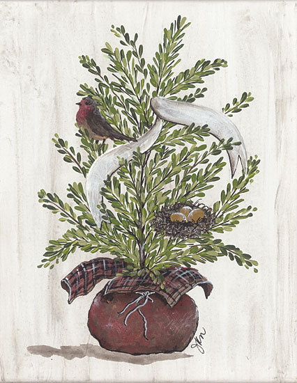 Julie Norkus NOR225 - NOR225 - Burlap Tree with Birdie & Nest - 12x16 Still Life, Tree, Potted Tree, Bird, Bird's Nest, Banner, Winter, Rustic from Penny Lane
