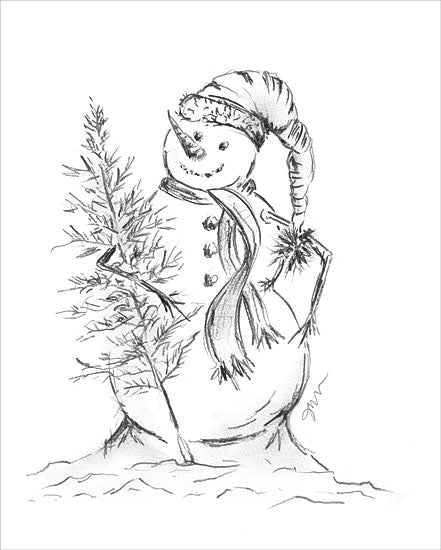 Julie NorKus NOR279 - NOR279 - Snowman with Tree - 12x16 Winter, Snowman, Tree, Sketch, Drawing Print, Black & White from Penny Lane