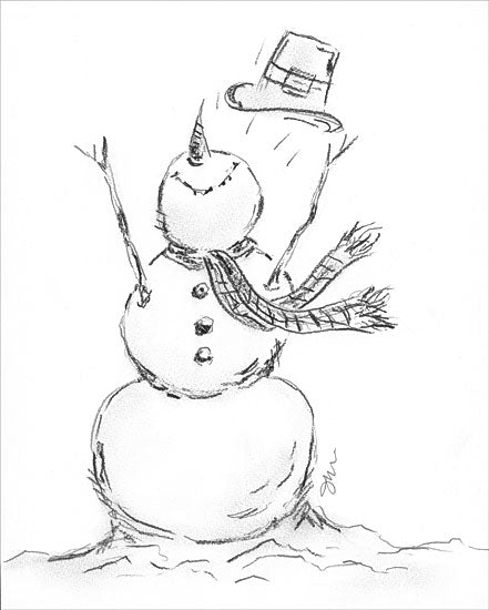 Julie Norkus NOR280 - NOR280 - Snowman with Hat - 12x16 Winter, Snowman, Sketch, Drawing Print, Black & White, Whimsical from Penny Lane