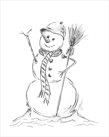 Julie Norkus NOR281 - NOR281 - Snowman with Broom - 12x16 Winter, Snowman, Sketch, Drawing Print, Black & White, Whimsical from Penny Lane