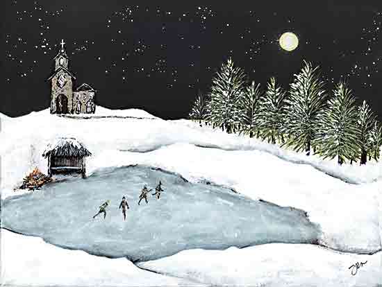 Julie NorKus NOR290 - NOR290 - Sunday Skate - 16x12 Winter, Landscape, Pond, Church, Trees, Forest, Skaters, Shelter, Bonfire, Snow from Penny Lane