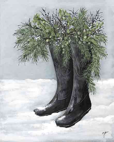 Julie NorKus NOR291 - NOR291 - Black Boot Vase - 12x16 Winter, Sill Life, Black Boots, Greenery, Pine Sprigs, Eucalyptus, Twigs, Snow from Penny Lane