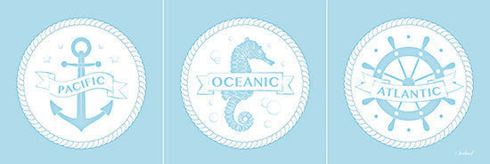 Martina Pavlova PAV365 - PAV365 - Ocean Set - 18x6 Oceans, Anchor, Seahorse, Ship's Wheel, Helm, Coastal, Light Blue and White, Banners, Triptych from Penny Lane