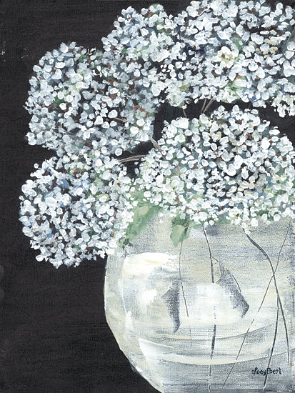 Roey Ebert REAR418 - REAR418 - Hydrangeas in Round Vase - 12x16 Flowers, Hydrangeas, White Hydrangeas, Vase, White Vase, Black Background from Penny Lane