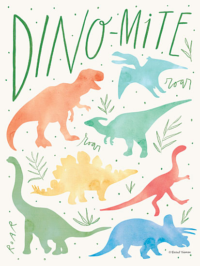 Rachel Nieman RN348 - RN348 - Dino-Mite - 12x16 Baby, Baby's Room, New Baby, Dinosaurs, Dino-Mite, Rainbow Colored Dinosaurs, Leaves, Roar, Masculine, Whimsical from Penny Lane
