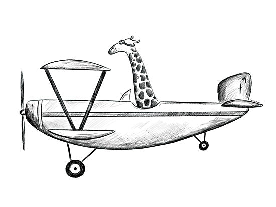 Rachel Nieman RN478 - RN478 - Giraffe in a Plane - 16x12 Plane, Airplane, Giraffe, Whimsical, Black & White, Drawing Print, Children from Penny Lane