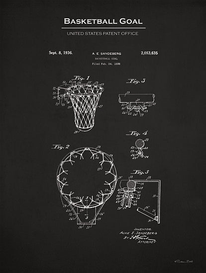 Susan Ball SB1286 - SB1286 - Basketball Goal Patent - 12x16 Basketball, Basketball Goal Blueprint, Basketball Goal United States Patent Office, Typography, Signs, Textual Art, Design, Pattern, Masculine, Sports, Black & White from Penny Lane