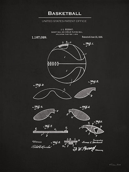 Susan Ball SB1287 - SB1287 - Basketball Patent 1 - 12x16 Basketball, Basketball Blueprint, Basketball United States Patent Office, Typography, Signs, Textual Art, Design, Pattern, Masculine, Sports, Black & White from Penny Lane