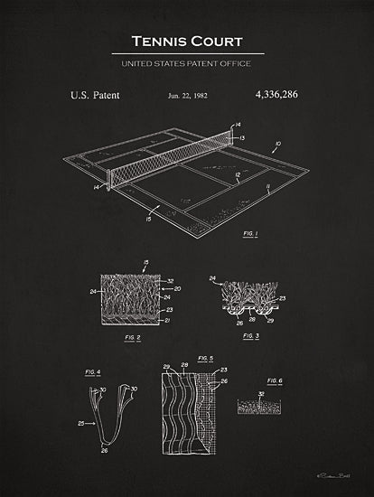 Susan Ball SB1295 - SB1295 - Tennis Court Patent - 12x16 Tennis, Tennis Court Blueprint, Tennis Court United States Patent Office, Typography, Signs, Textual Art, Design, Pattern, Masculine, Sports, Black & White from Penny Lane