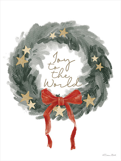 Susan Ball SB1340 - SB1340 - Joy to the World Wreath - 12x16 Christmas, Holidays, Wreath, Greenery, Stars, Joy to the World, Typography, Signs, Textual Art, Winter, Religious, Red Bow from Penny Lane