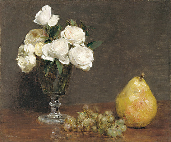 Stellar Design Studio SDS1166 - SDS1166 - White Roses and Fruit - 16x12 Still Life, Flowers, White Roses, Fruit, Pear, Grapes, Vintage, Traditional from Penny Lane