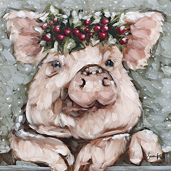 Sara G. Designs SGD168 - SGD168 - Holiday Pig - 12x12 Christmas, Holidays, Pig, Whimsical, Farm, Holly, Berries, Abstract, Textured, Winter, Snow from Penny Lane