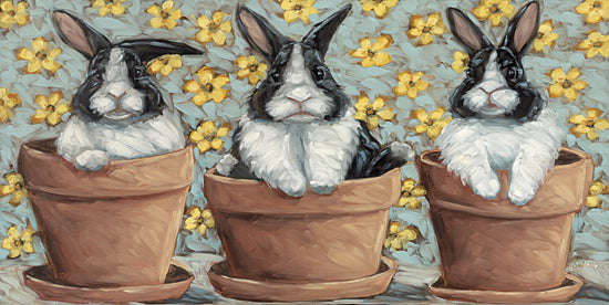 Sara G. Designs SGD205 - SGD205 - Potted Bunnies - 18x9 Easter, Still Life, Whimsical, Bunnies, Rabbits, Clay Pots, Flowers, Yellow Flowers, Spring from Penny Lane