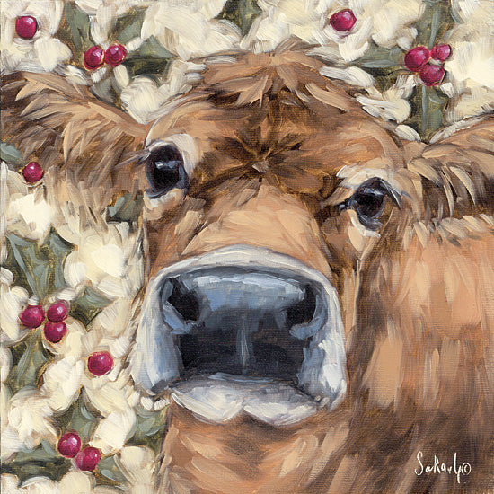 Sara G. Designs SGD236 - SGD236 - Festive Cow - 12x12 Christmas, Holidays, Cow, Flowers, White Flowers, Holly, Berries, Brush Strokes, Festive Cow, Winter, Whimsical from Penny Lane