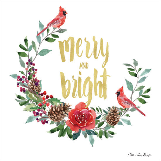 Seven Trees Design ST493 - ST493 - Merry and Bright Wreath with Cardinals  - 12x12 Signs, Typography, Cardinals, Roses, Pine Cones, Wreath, Christmas from Penny Lane