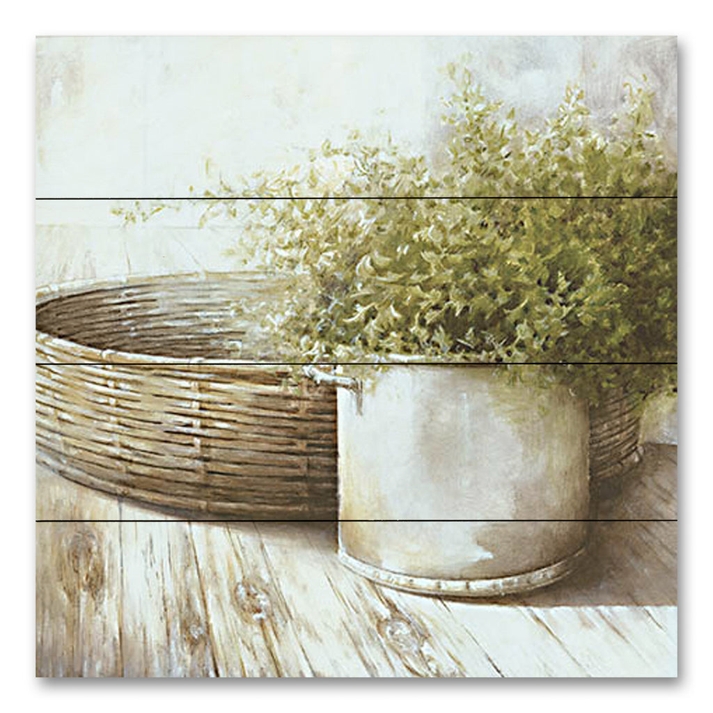 White Ladder WL195PAL - WL195PAL - Potted Plant and Basket  - 12x12 Still Life, Potted Plant, Basket, Crock, Neutral Palette, Plants, Greenery, Cottage/Country from Penny Lane