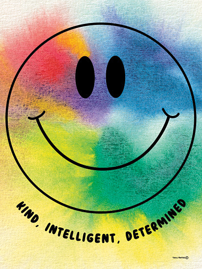 Yass Naffas Designs YND434 - YND434 - Kind Smiley Face - 12x16 Inspirational, Smiley Face, Kind, Intelligent, Determined, Typography, Signs, Textual Art, Rainbow Tie-dye Background, Pride from Penny Lane