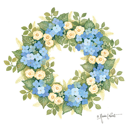 Annie LaPoint ALP1875 - ALP1875 - Hydrangeas in Bloom Wreath - 12x12 Hydrangeas, Wreath, Blooms, Blue and White Flowers, Greenery from Penny Lane