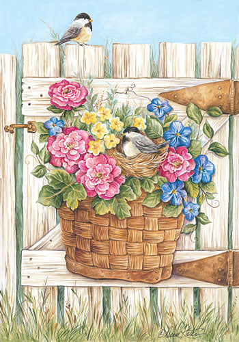 Diane Kater ART1070 - Flower Basket on Gate - Gate, Chickadee, Birdnest, Flowers, Fence, Basket from Penny Lane Publishing