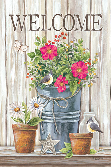 Diane Kater ART1087 - Welcome Spring Flowers Spring Flowers, Galvanized Pot, Welcome, Wood, Birds, Terracotta Potsfrom Penny Lane